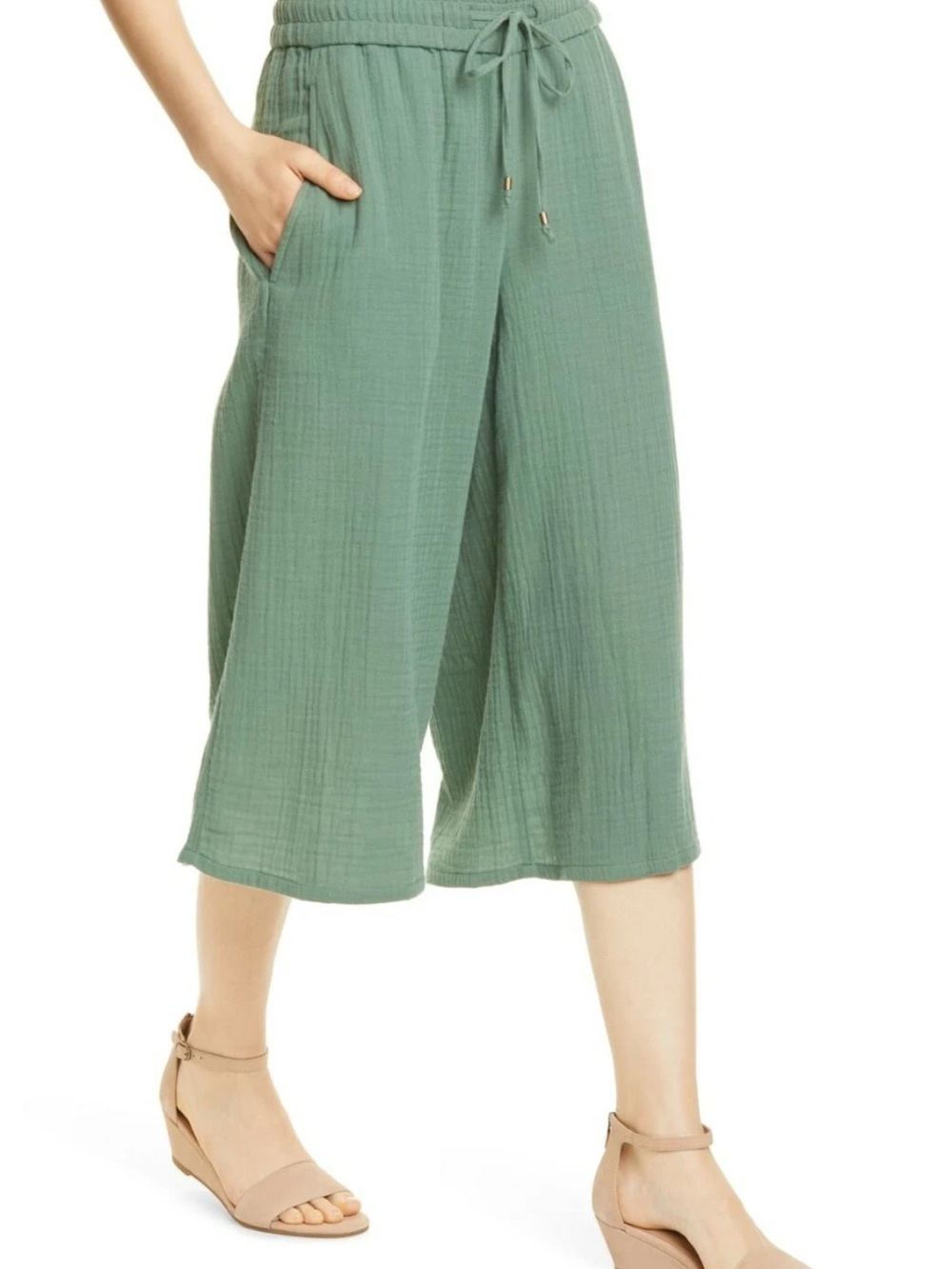 Eileen Fisher Drawstring Wide-Leg Cropped Pants in Sage